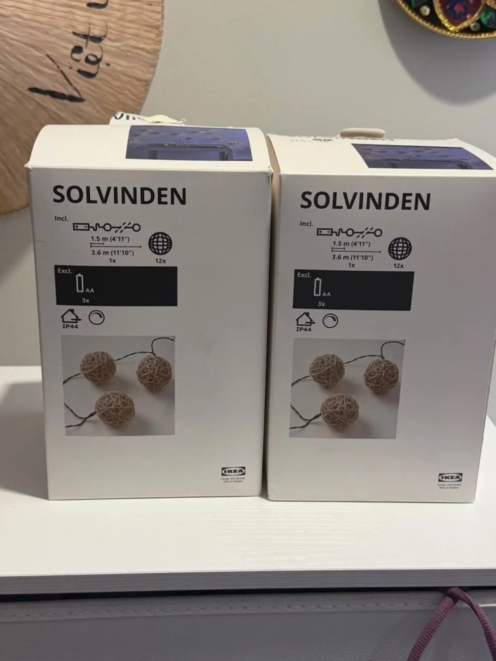 IKEA SOLVINDEN String Lights — White Boxes with Natural Brown Spheres